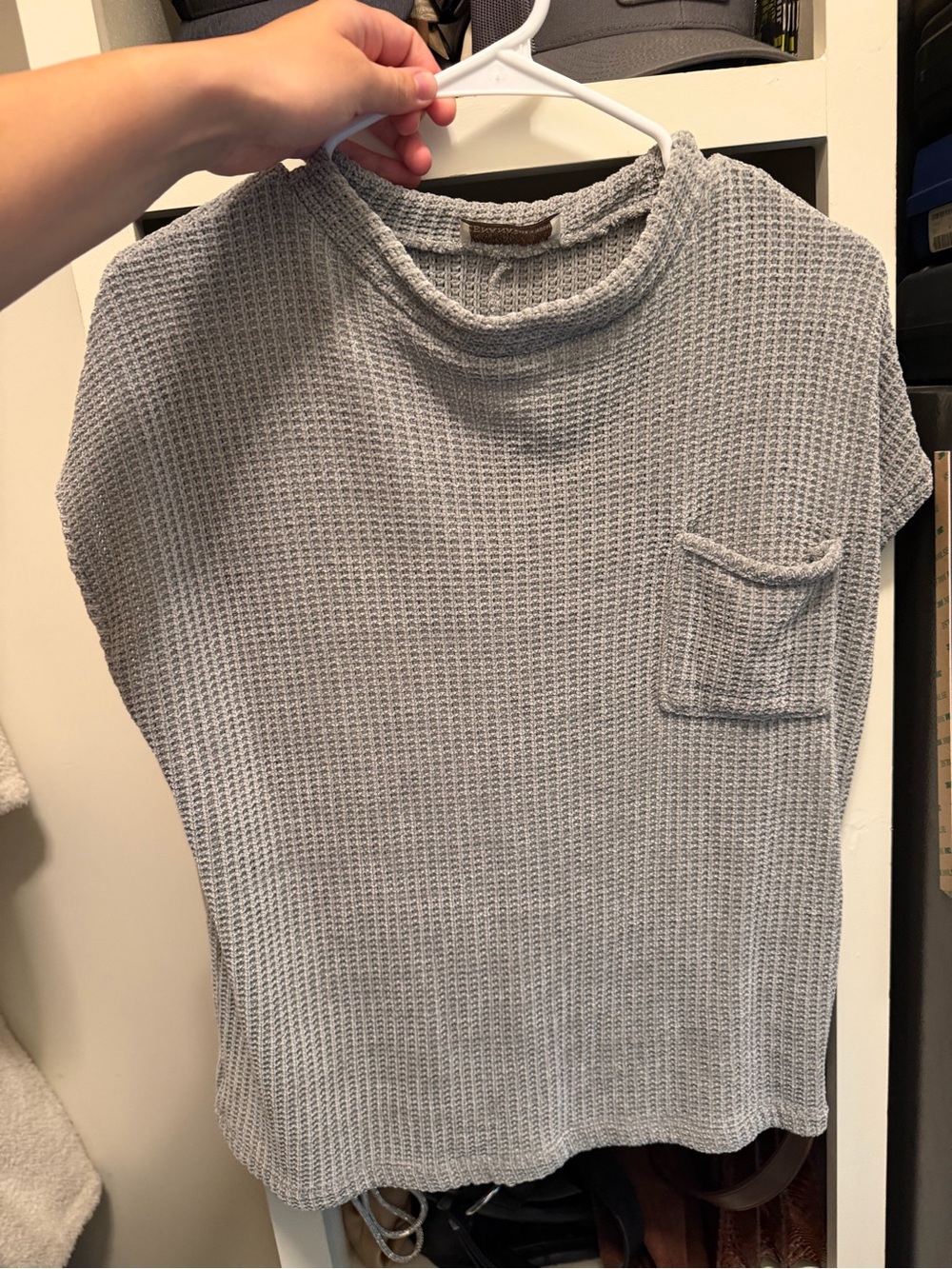 NaNa Light Gray Waffle-Knit Short Sleeve Pullover with Pocket